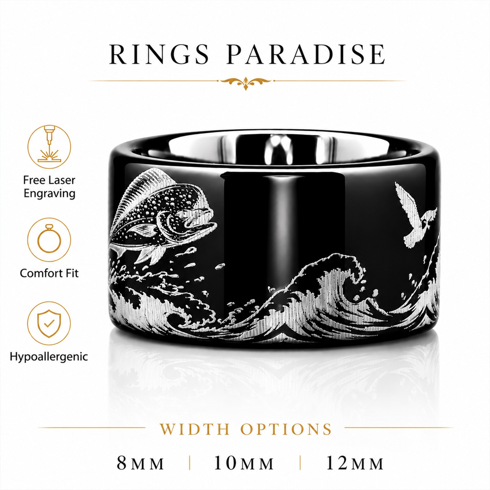 Mahi Mahi Ring | Black Tungsten Wedding Band Fishing Ring – 8mm,10mm,12mm