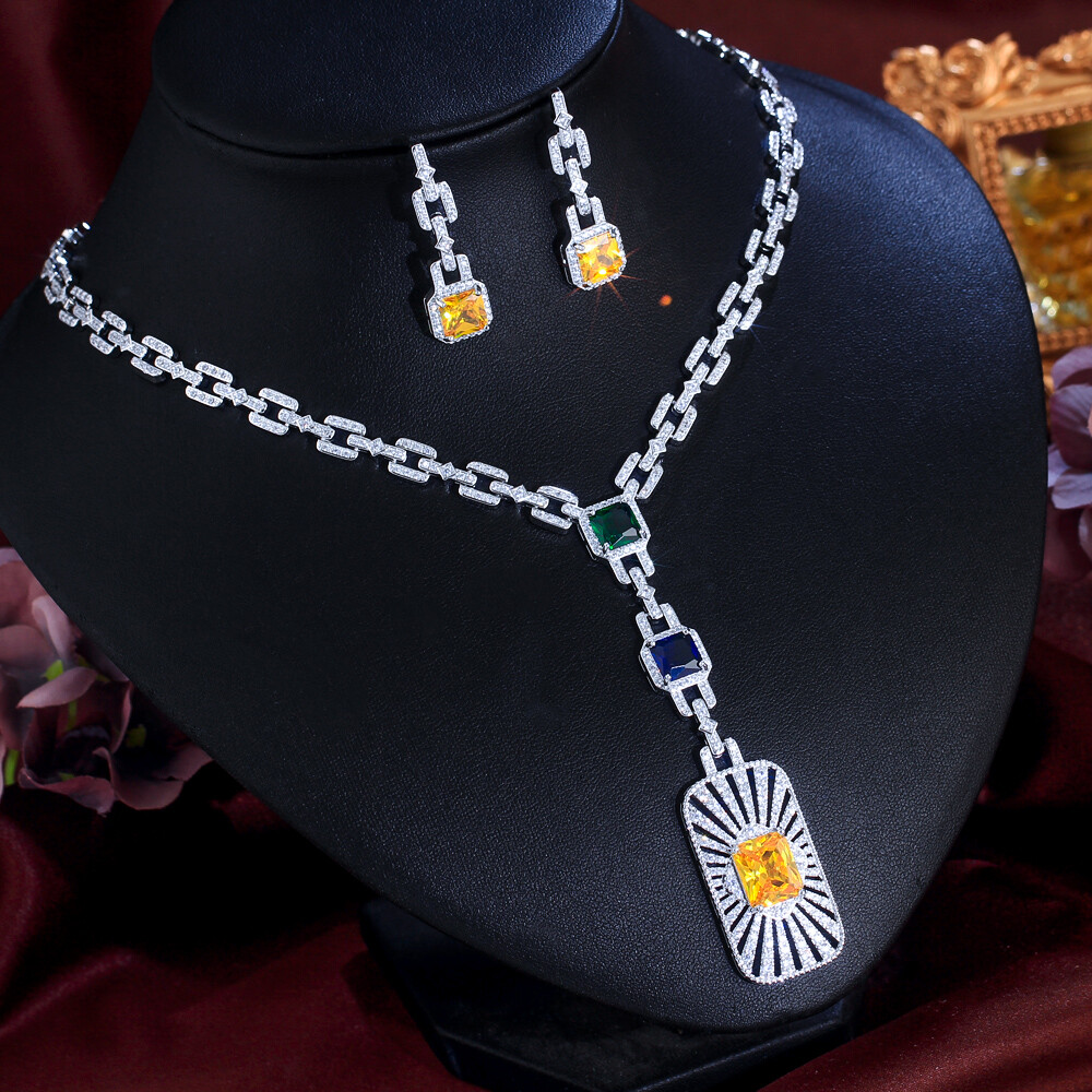 Women Silver Plated Long Chain Drop Necklace Earrings Zirconia Party Jewelry Set