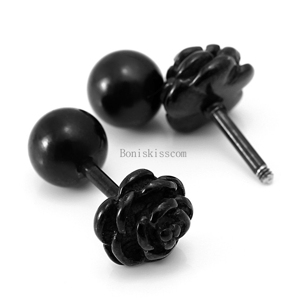 Charm Rose Flower Shape Stainless Steel Stud Earrings Bead Ball Screw Back