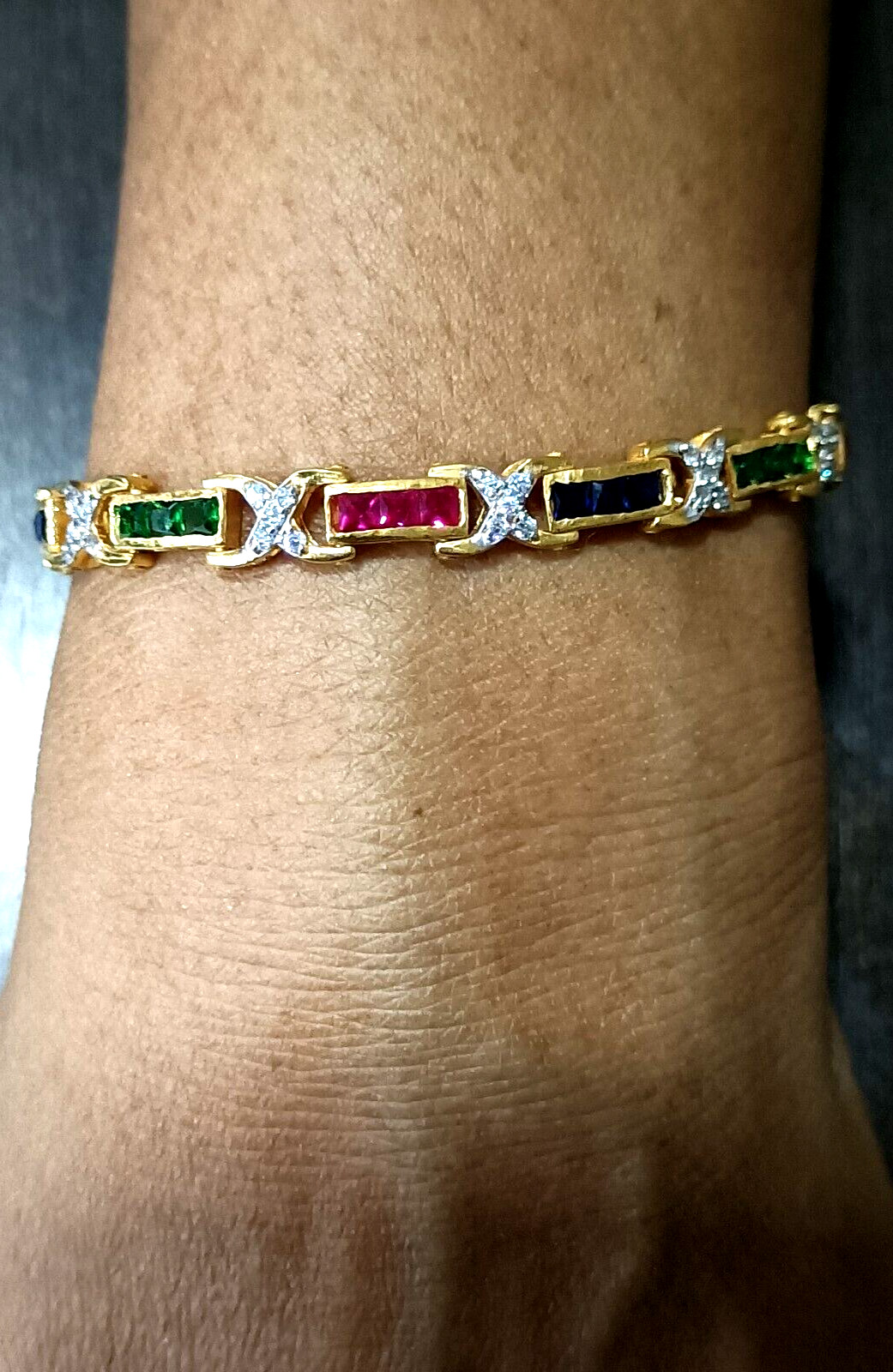 14K Yellow Gold Plated Simulated Ruby Sapphire, Emerald&Diamond Tennis Bracelet