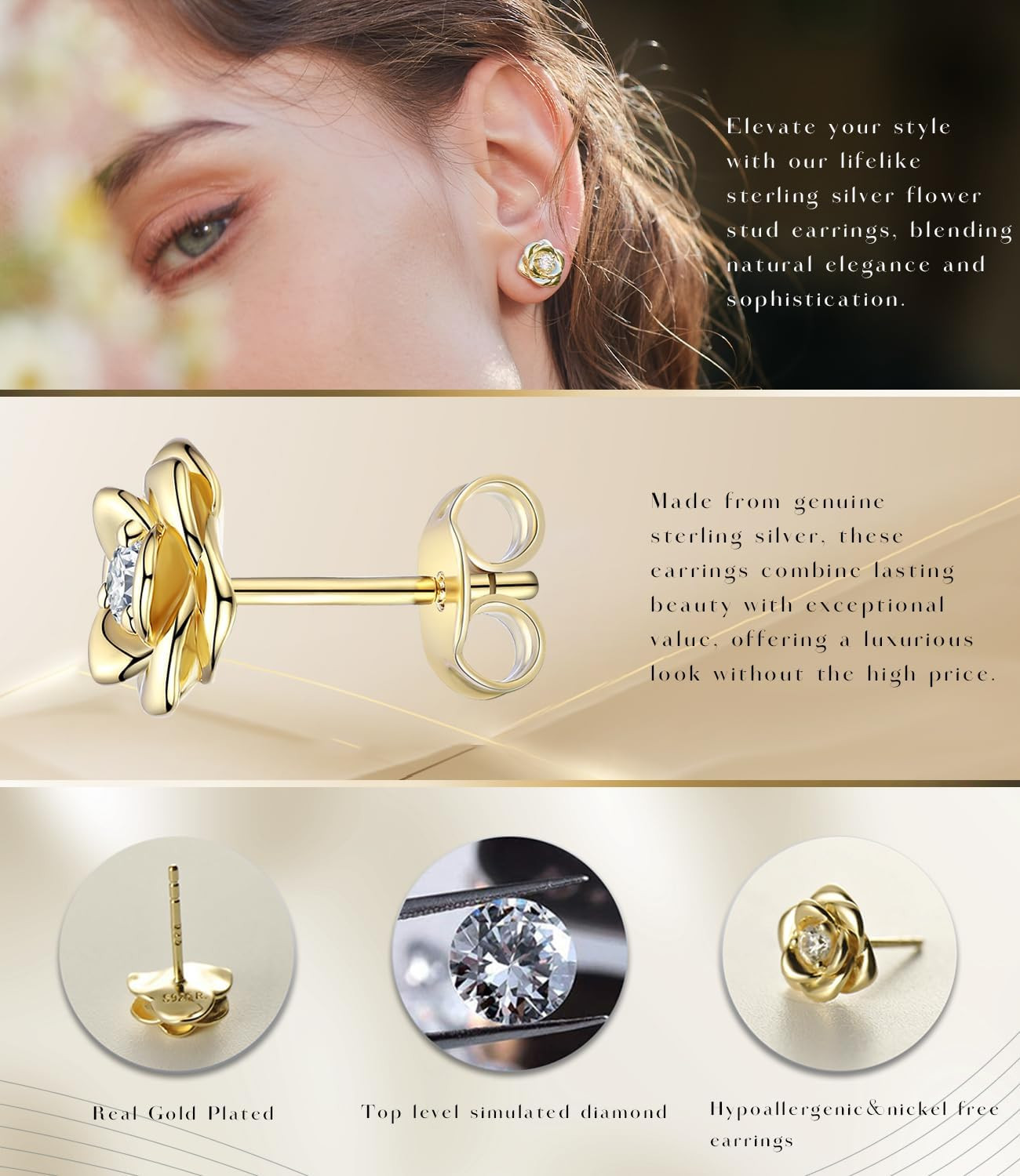 Gold Plated Sterling Silver Rose Flower Earring Studs, Hypoallergenic & Nickel F