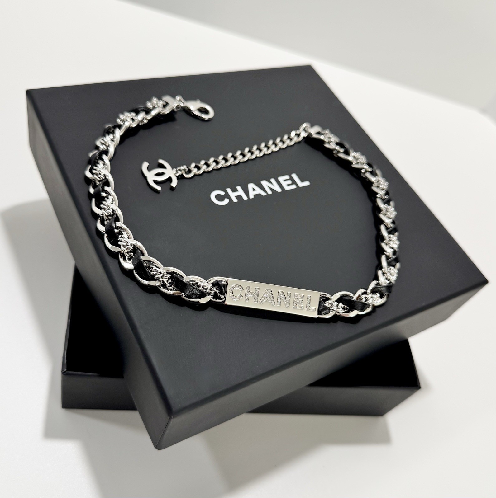 Chanel Necklace Black Leather Chain Crystal CC Choker 26C Authentic W/Box NWT