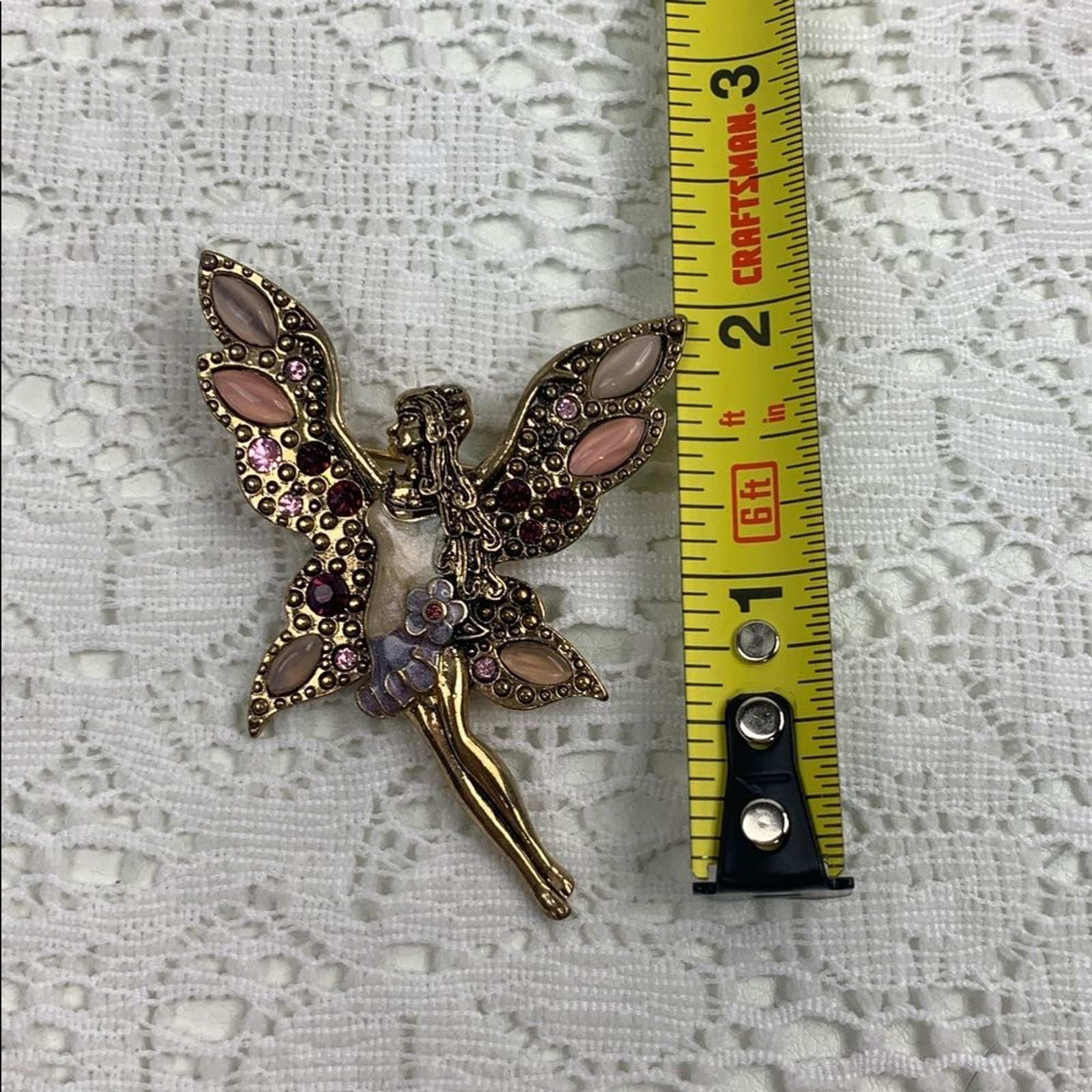 Vintage Gold and Pink Fairy Brooch Pin with gems