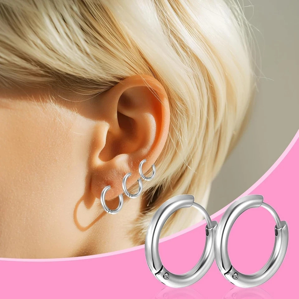 5 Pairs Titanium Hoop Earrings Silver Huggie Hoops 8-16mm Women Men