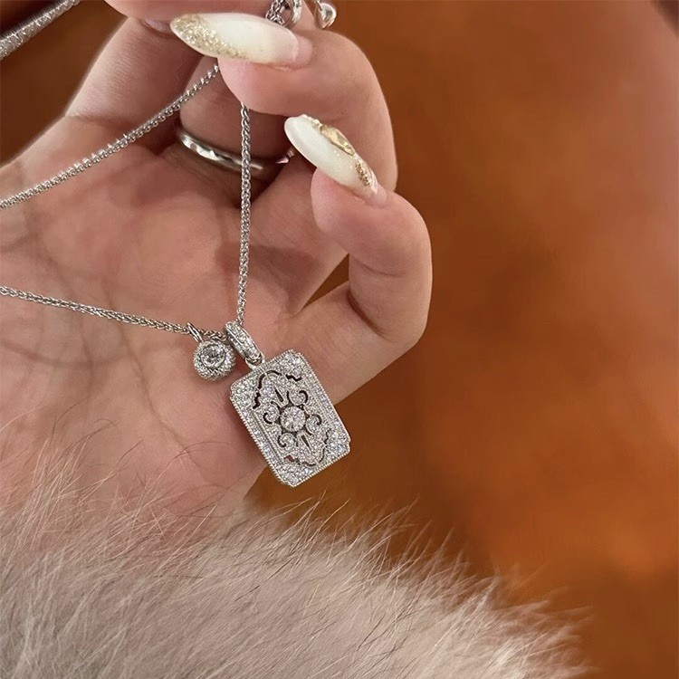 Vintage Square Tag Simulated CZ Pendant Adjustable Wheat Chain Necklace
