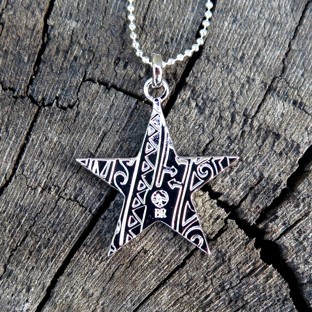 Hawaiian Jewelry Koa Wood Scroll Star Rhodium Plated Brass Pendant BRP1074