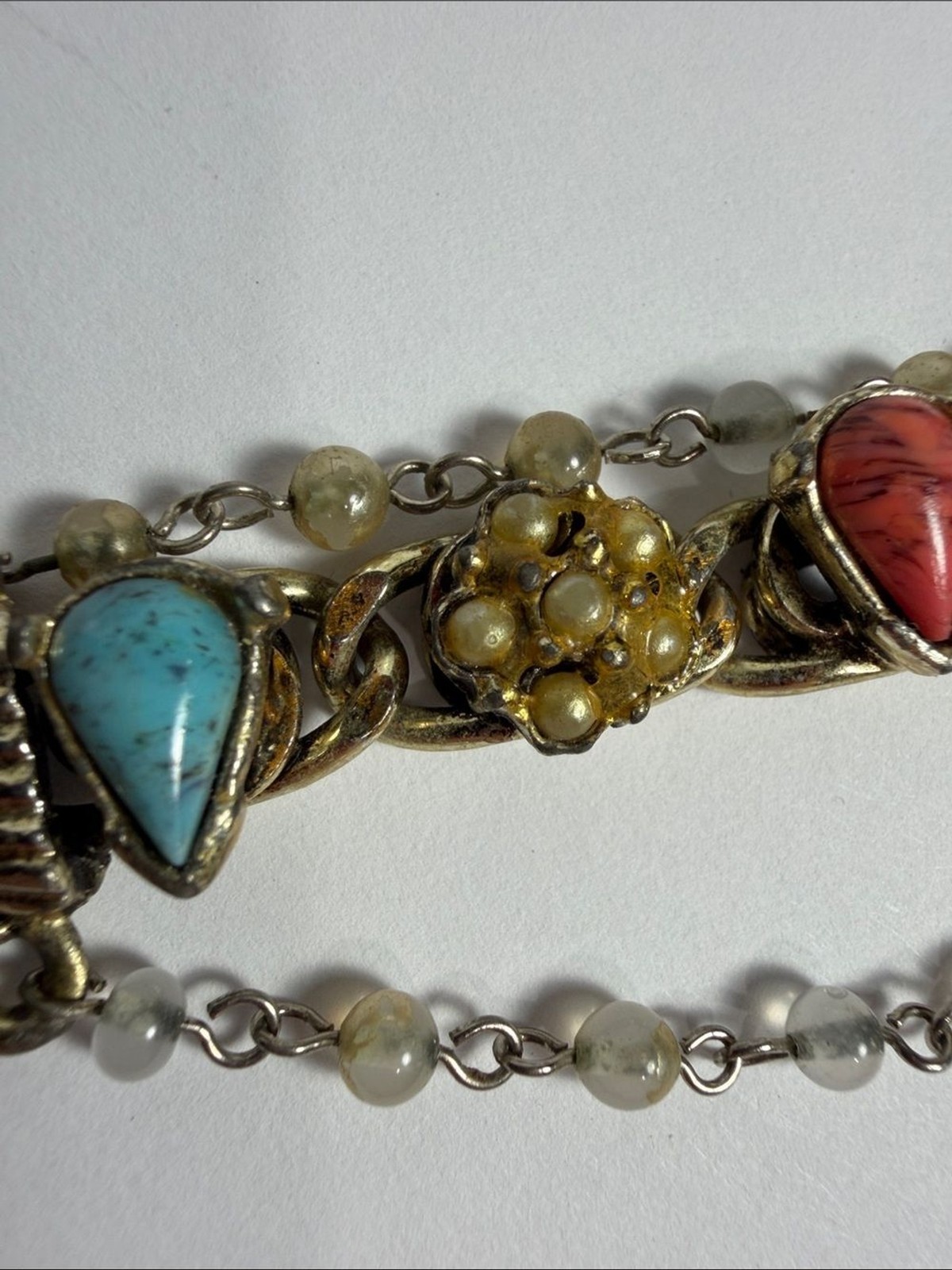 Vintage Gold Tone Faux Turquoise Coral Cabochon Bracelet Earring Set BOHO