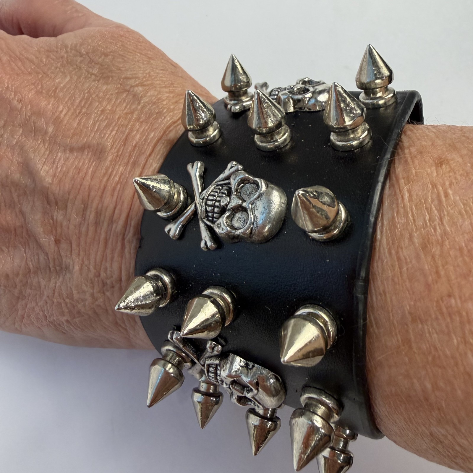 Black Leather Punk Silver Spikes & Skull Studs Gothic Wide 8 5/8 inch Bracelet