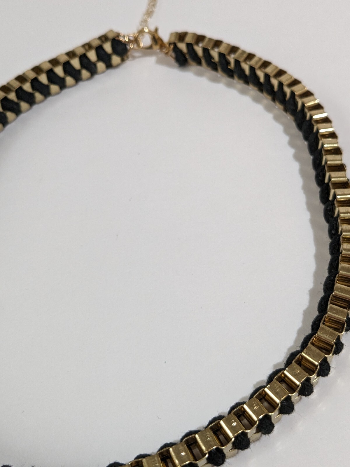 Gold Tone And Black Cord Braided Box Chain Necklace. Vintage. 16 Inch.