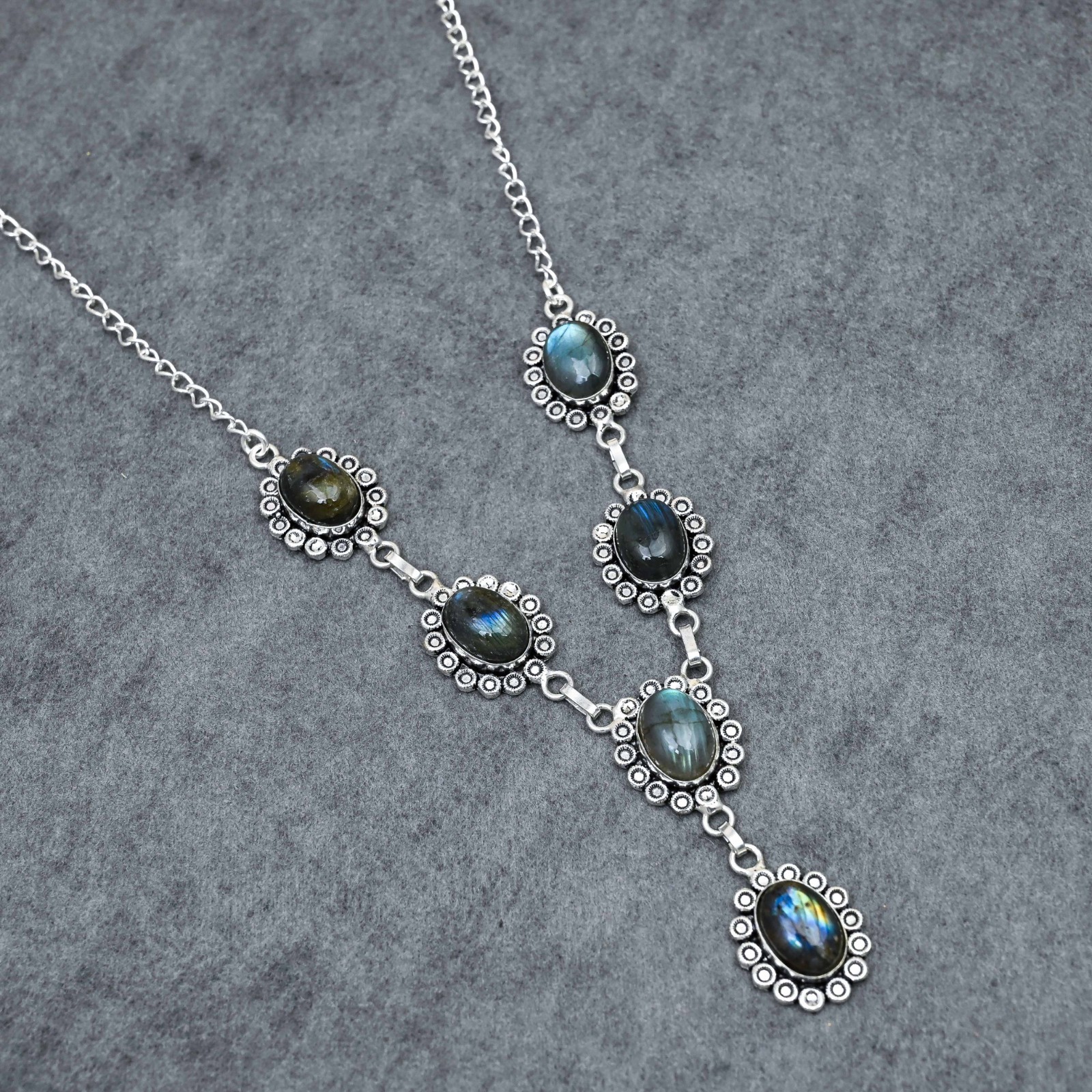 Silver Plated Labradorite Y-Necklace | Multi-Stone Milgrain Cabochon | Artisan