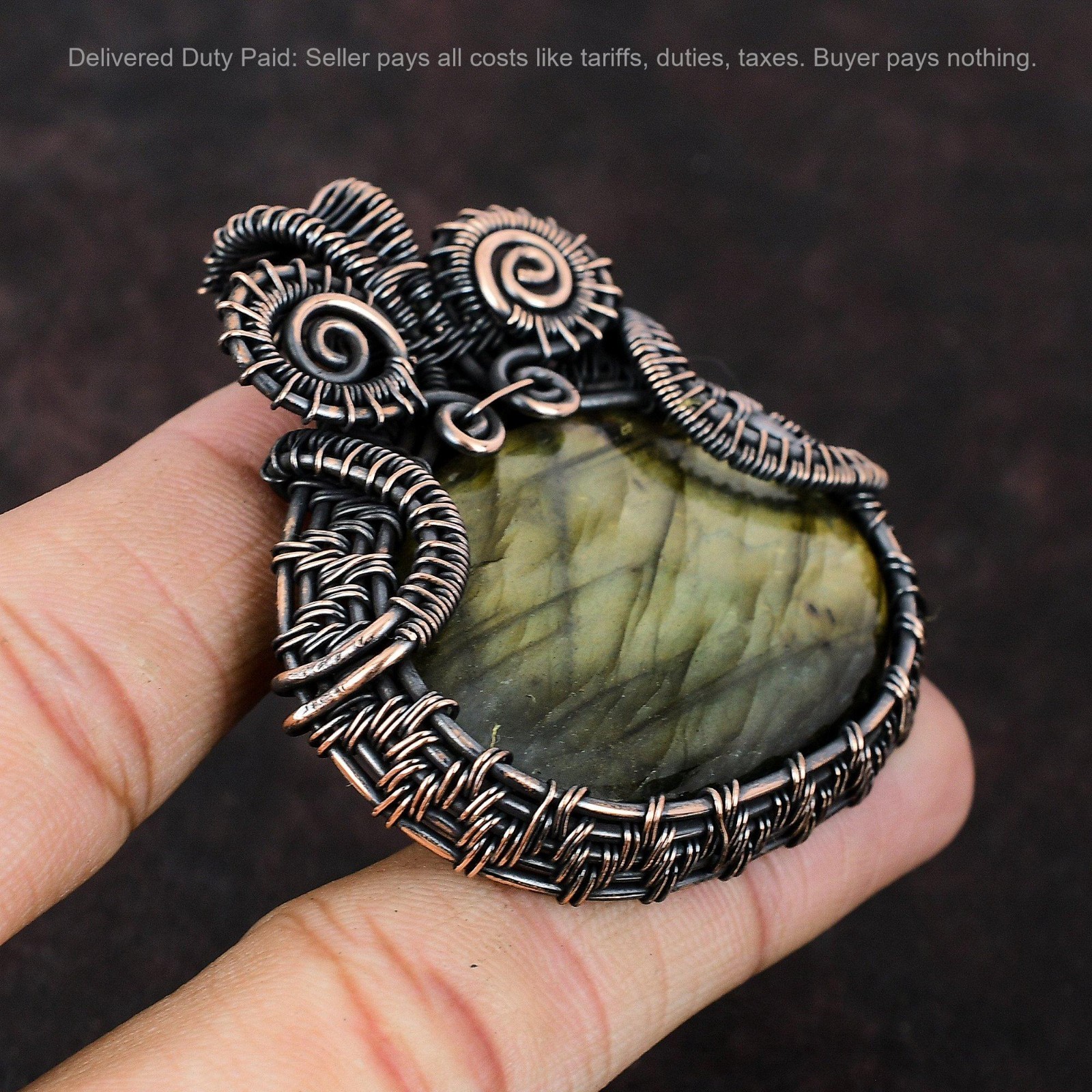 Copper Natural Labradorite Unique Wire Wrapped Handcrafted Wife Pendant Jewelry