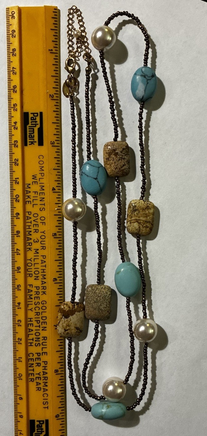 Lia Sophia “Capri” Genuine Jasper & Turquoise, Faux Pearls, Gold Long Necklace