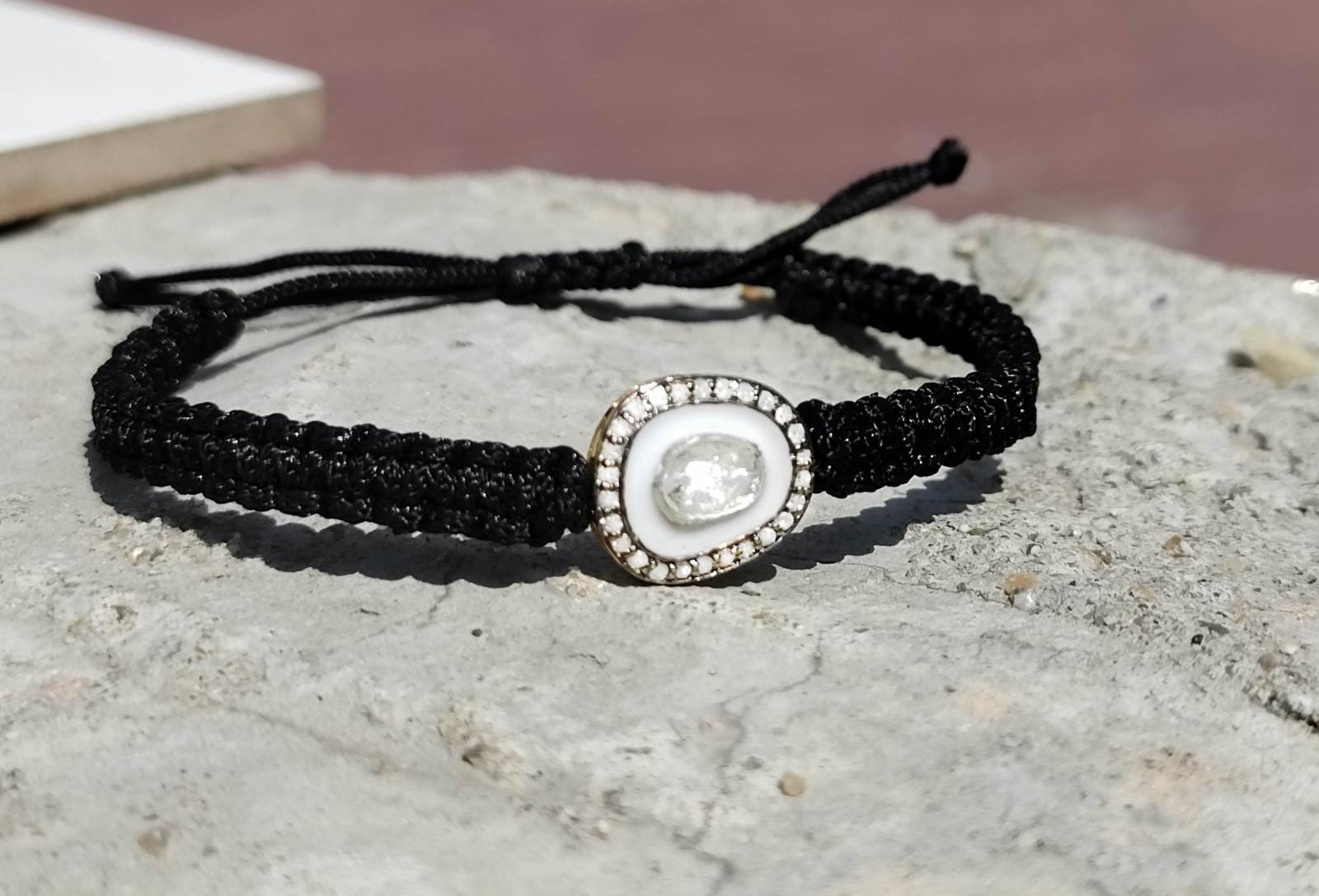 Natural Diamond White Enamel And Diamond Polki Adjustable Black Thread Bracelet.