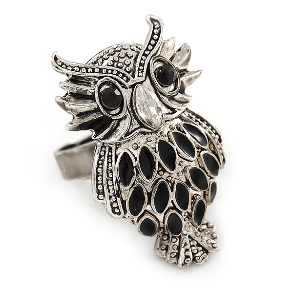 Owl Ring In Silver Tone Metal with Black Enamel Detailing – 30mm L – 7/8 Size –
