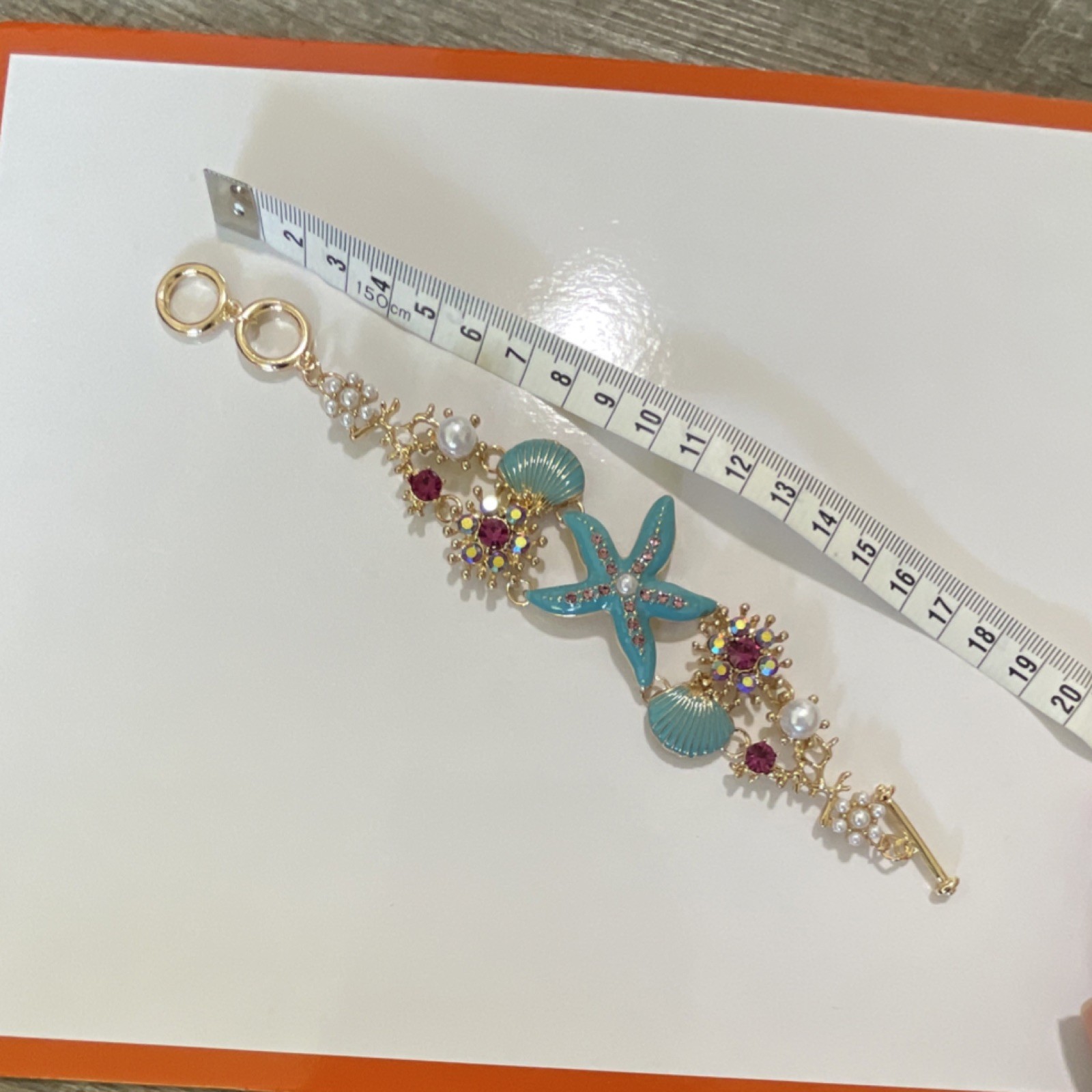 Gold Blue Pink Starfish Seashell Charm Bracelet, Toggle Closure, Adjustable