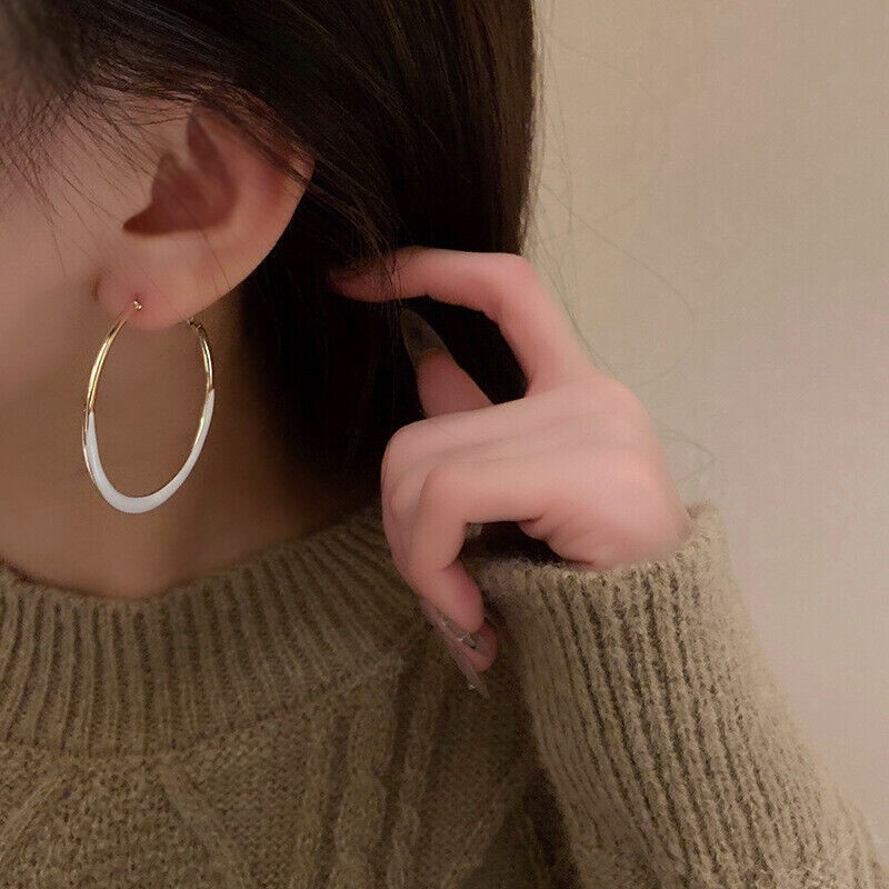Awesome New Yellow Gold Plated White Enamel Accented Round 2″ Hoop Earrings