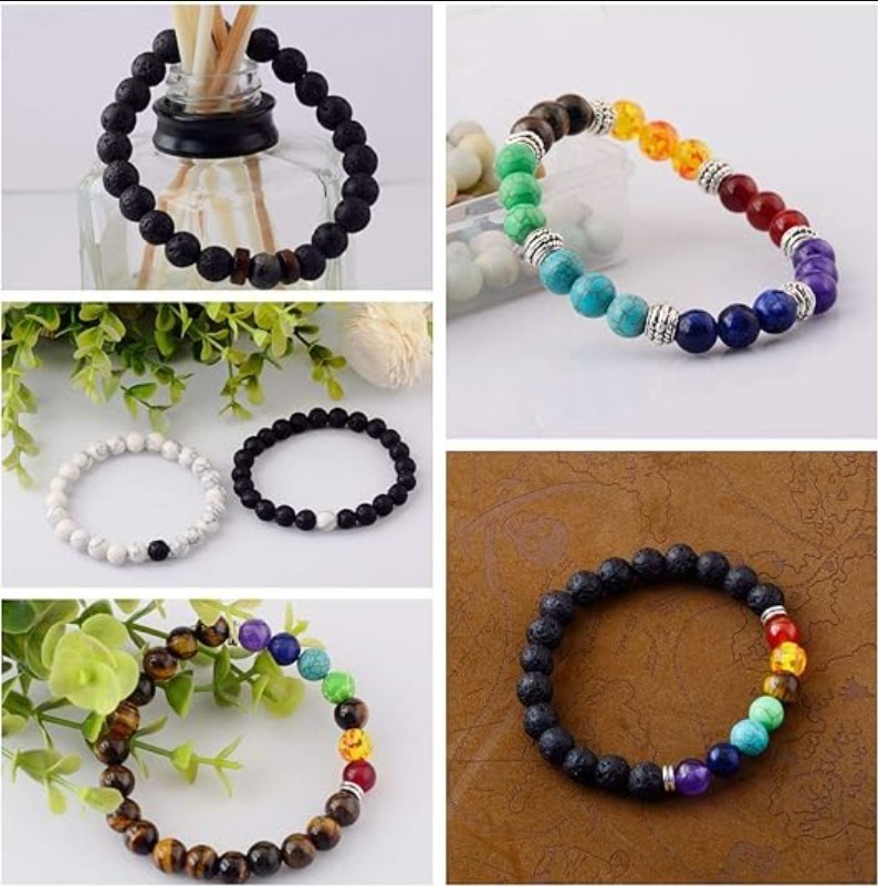 6x Lava Rock Stone 7 Chakra Bracelet Set Yin Yang Gemstone Elastic Healing Beads