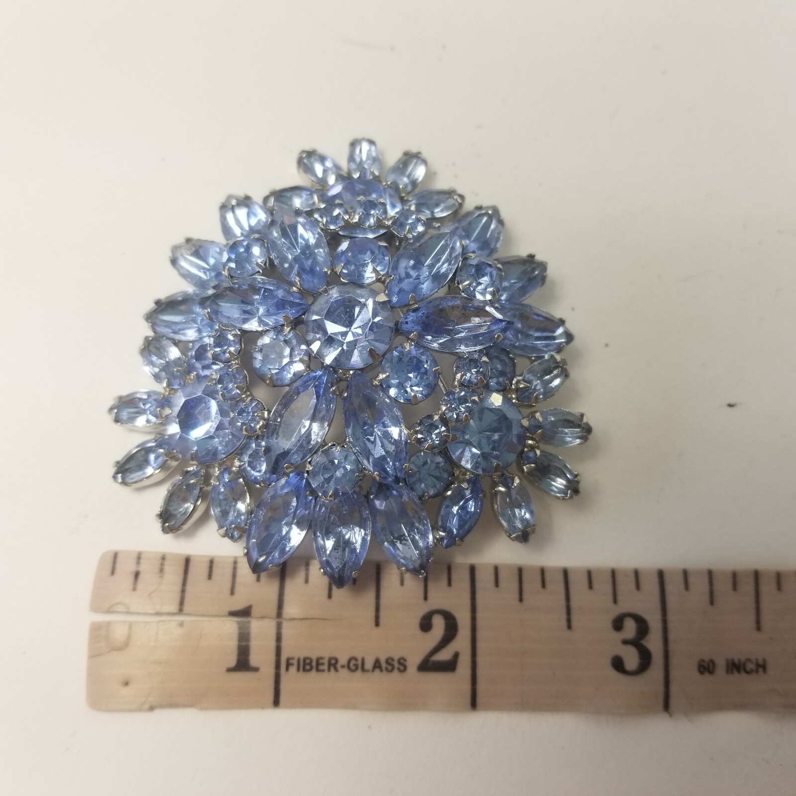 Brooch Ice Blue Rhinestones Icey Silver Tone 2.5″ Flower Cluster