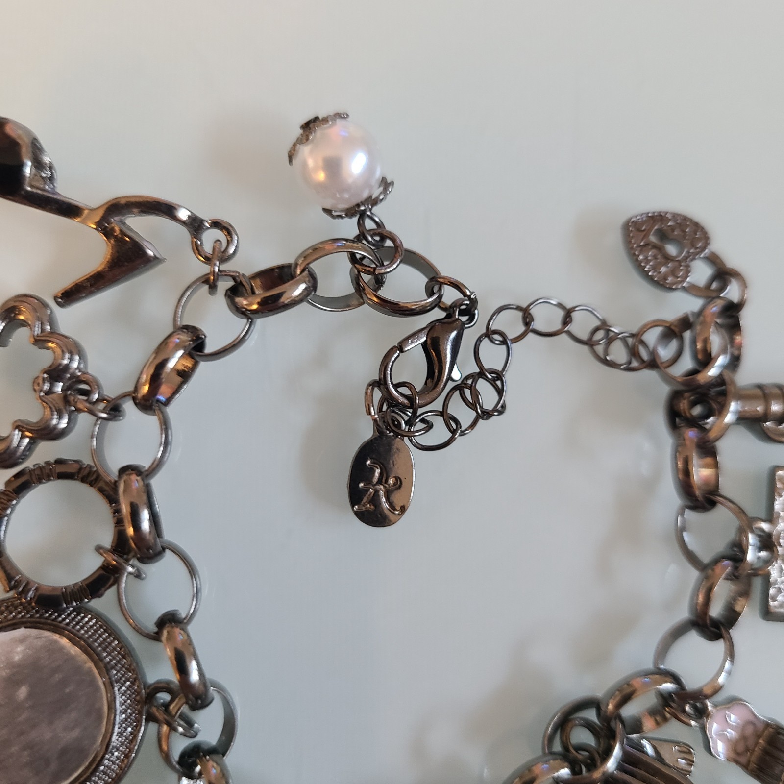 10″ Whimsical Fairytale Charm Bracelet Gunmetal Tone Teapot Frog Mirror Shoe Key