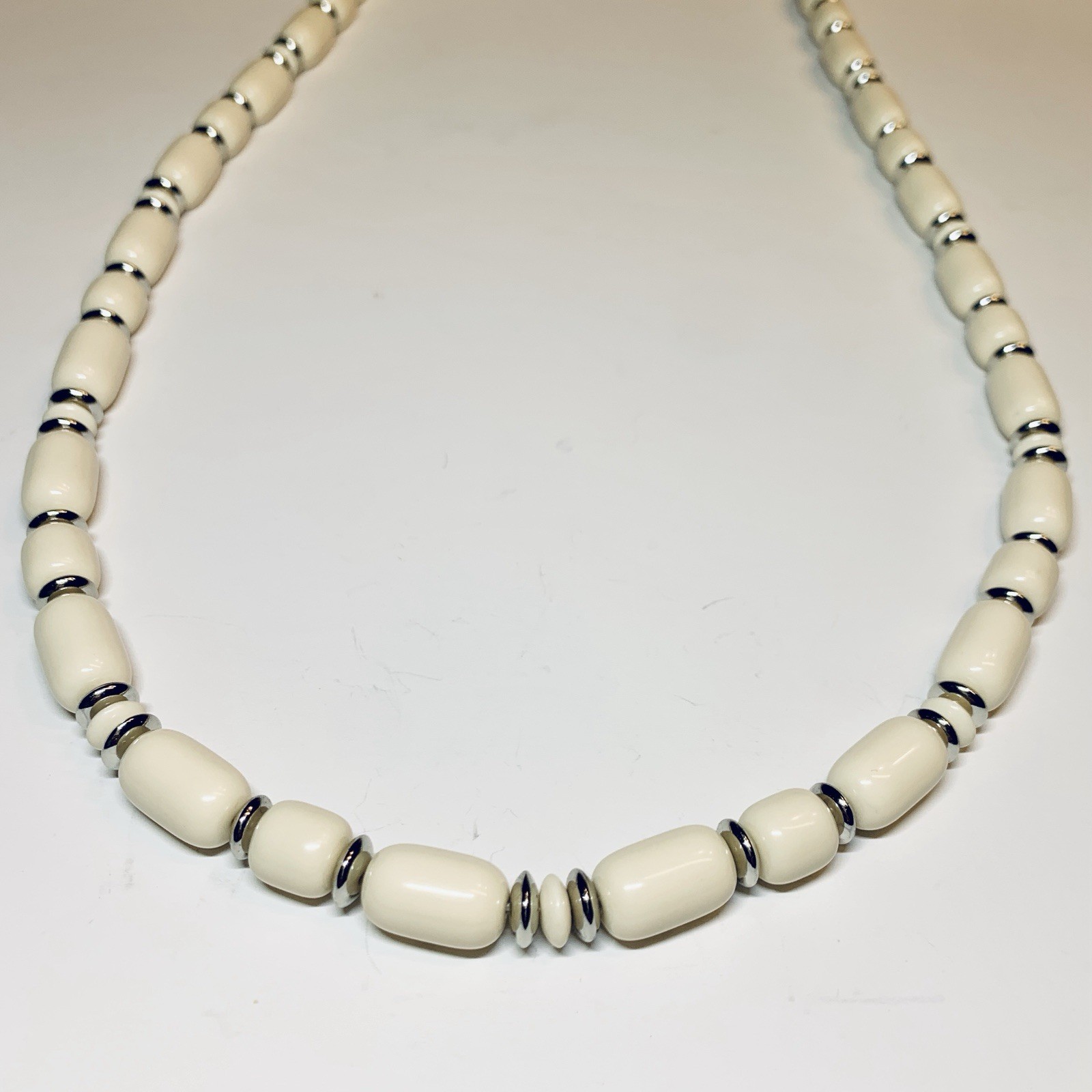 Vintage Cream & Silver Bead Necklace 32”