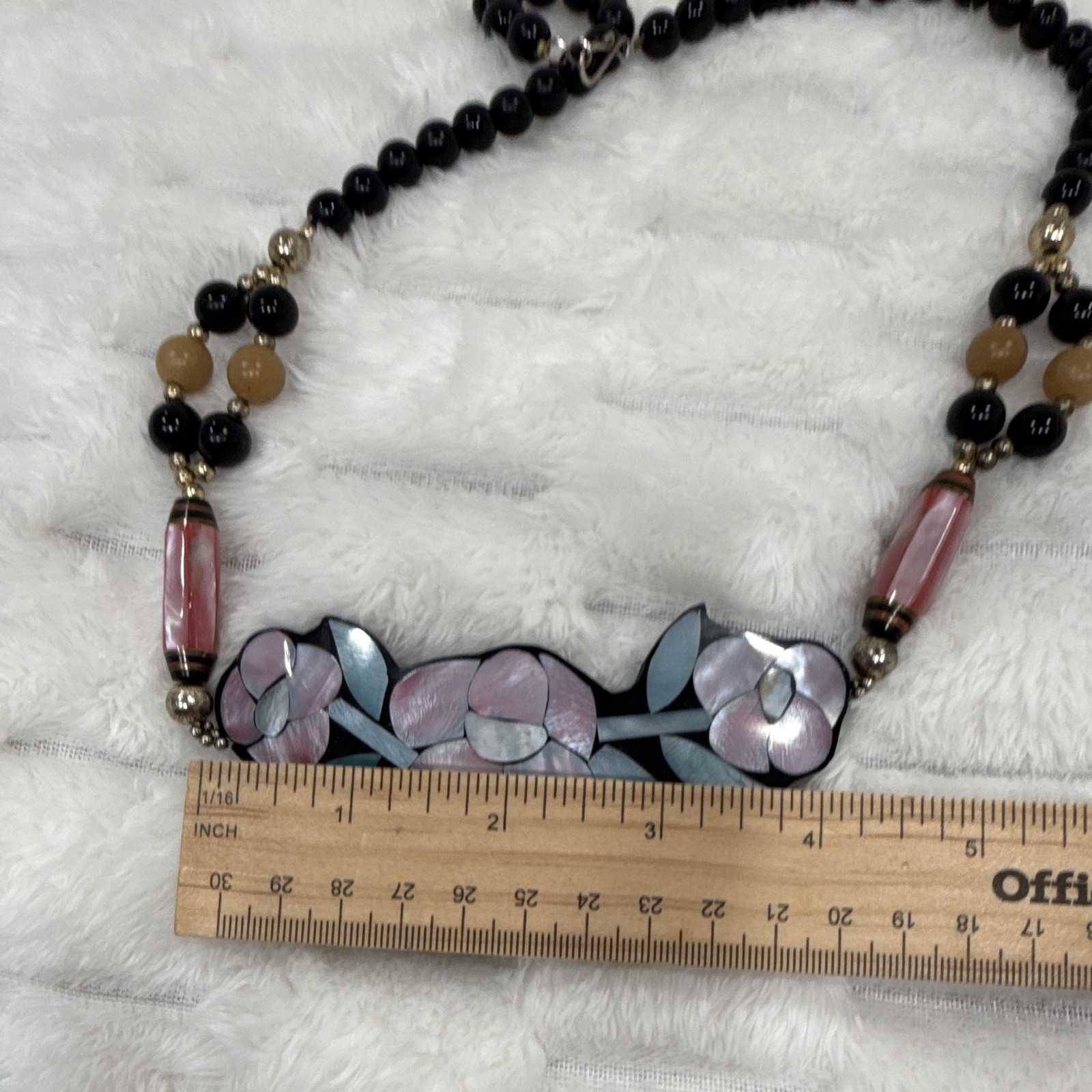 Vintage Lee Sands Black/Pink Flowers, Beaded Ball Chain Necklace
