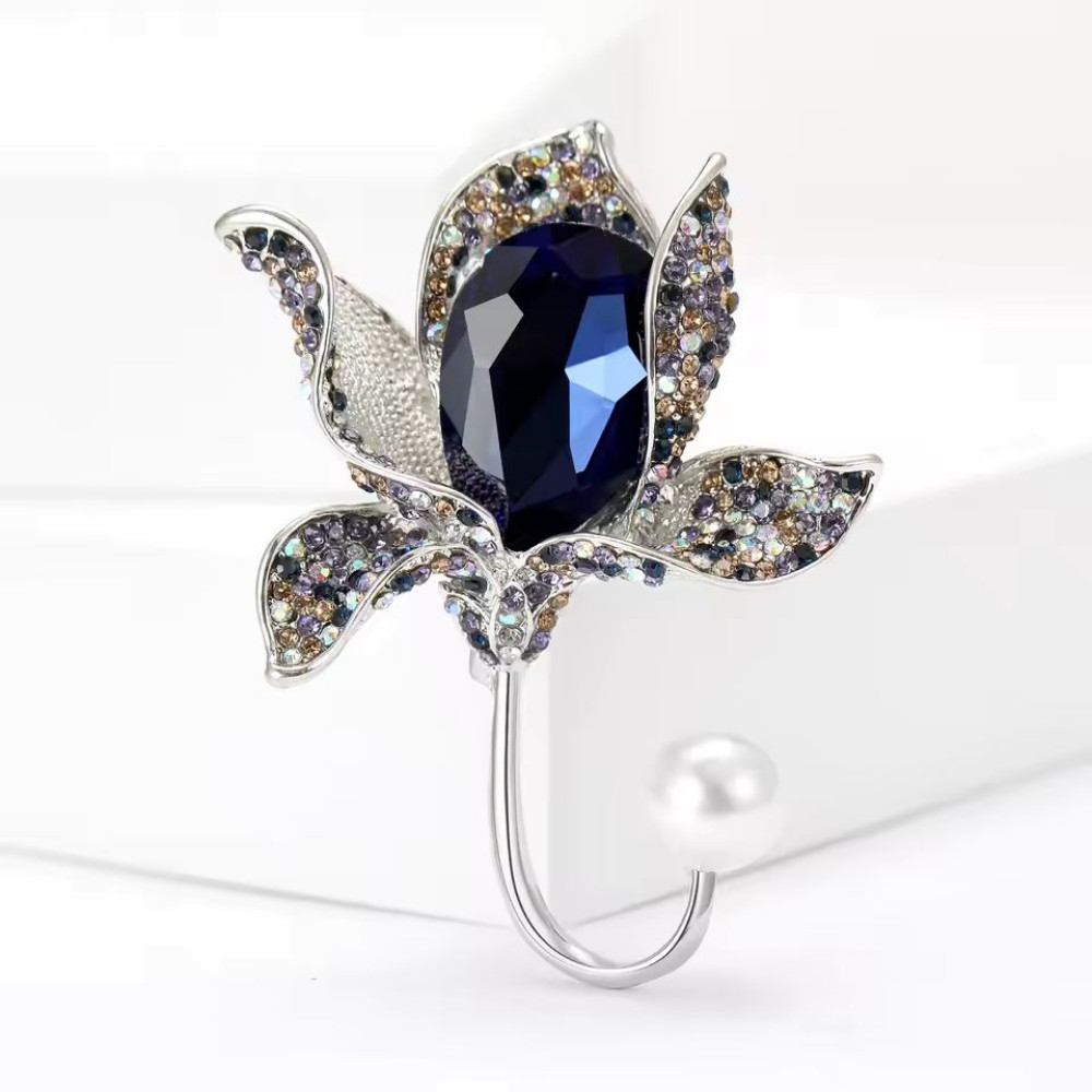 Blue Crystal Flower Brooch Silver Rhinestone Floral Pin Statement Jewelry Gift
