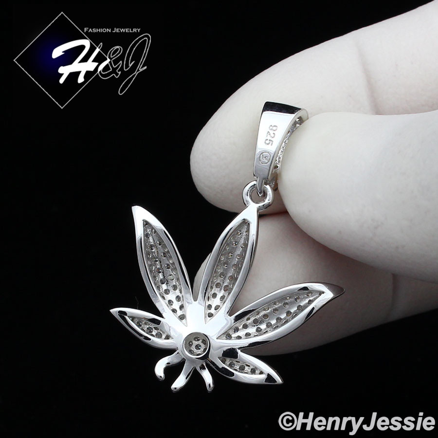 20″MEN 925 STERLING SILVER 2MM BEADED CHAIN CUBIC ZIRCONIA 3D LEAF PENDANT*SP173
