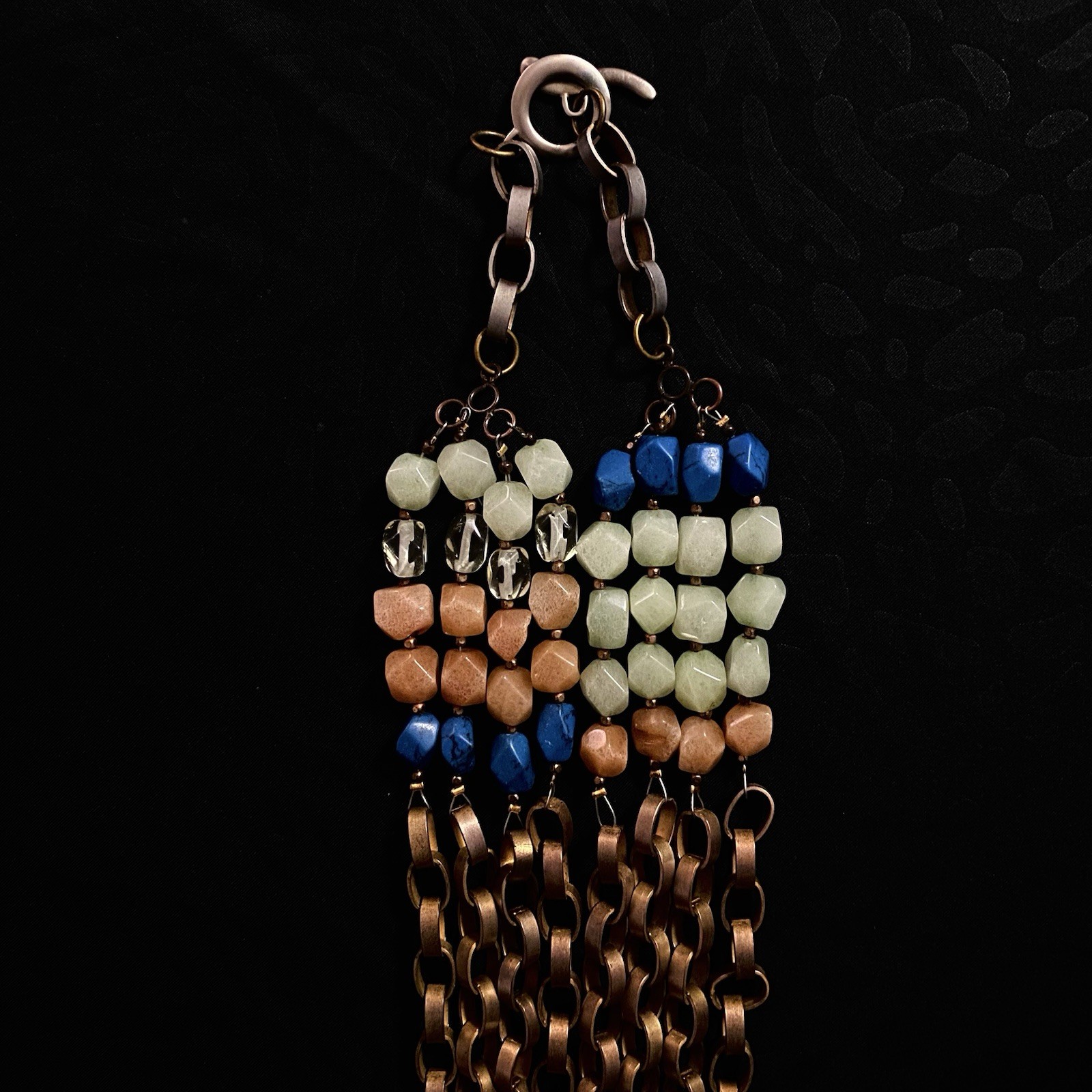 Layered Multi-Strand Bronze Chain Necklace + Blue/Peach/Mint Faceted Beads