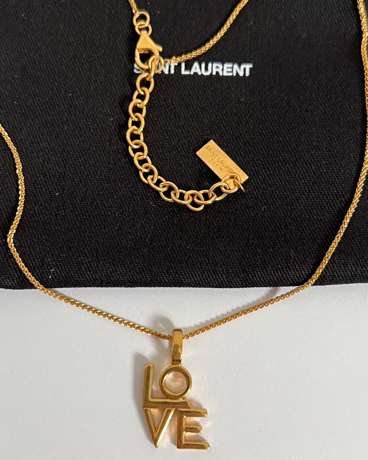 NIB Saint Laurent YSL LOVE Charm Antique Gold Brass Pendant Chain Necklace $650