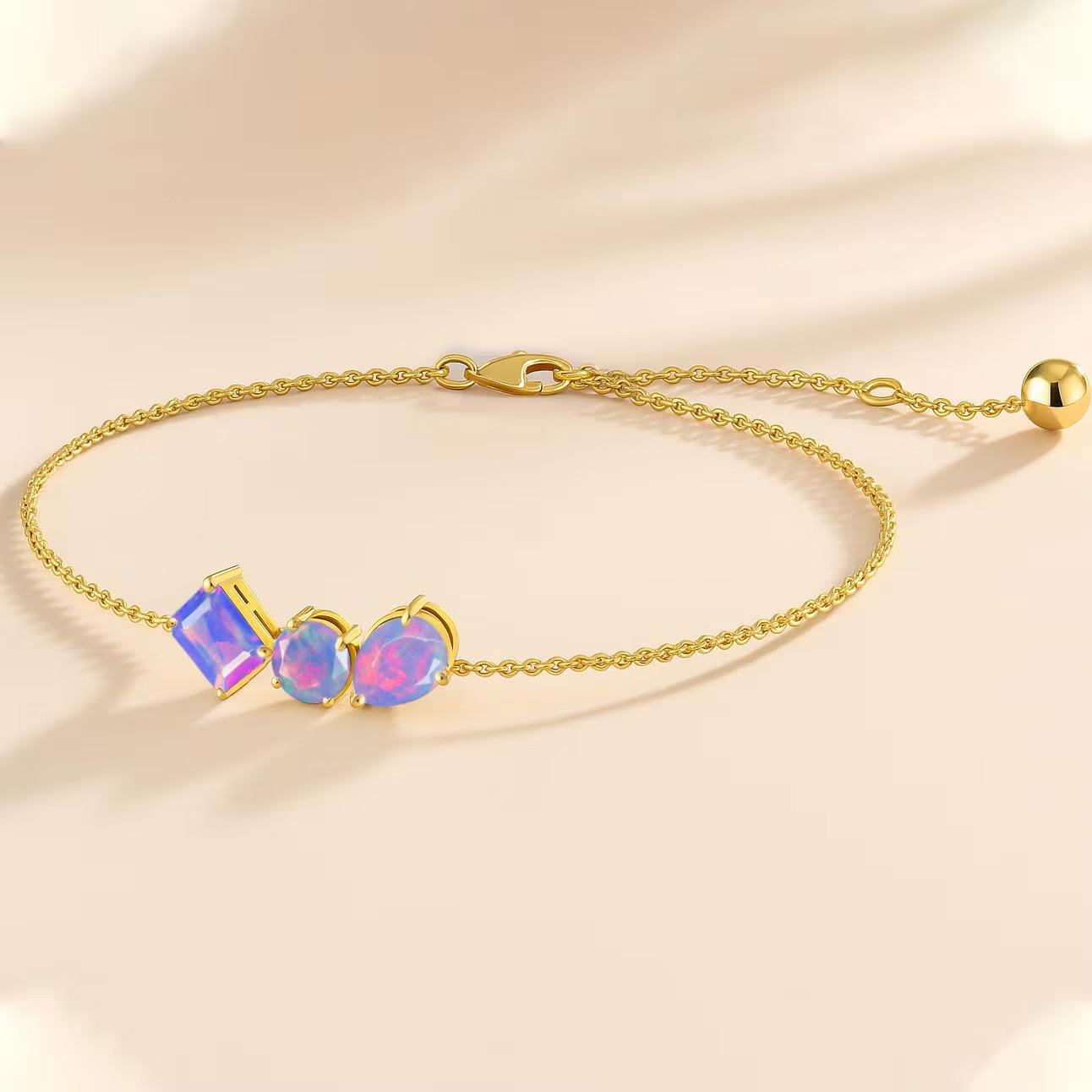 Lavender Opal Three Stone Gold Chain Bracelet, 925 Sterling Silver Layering