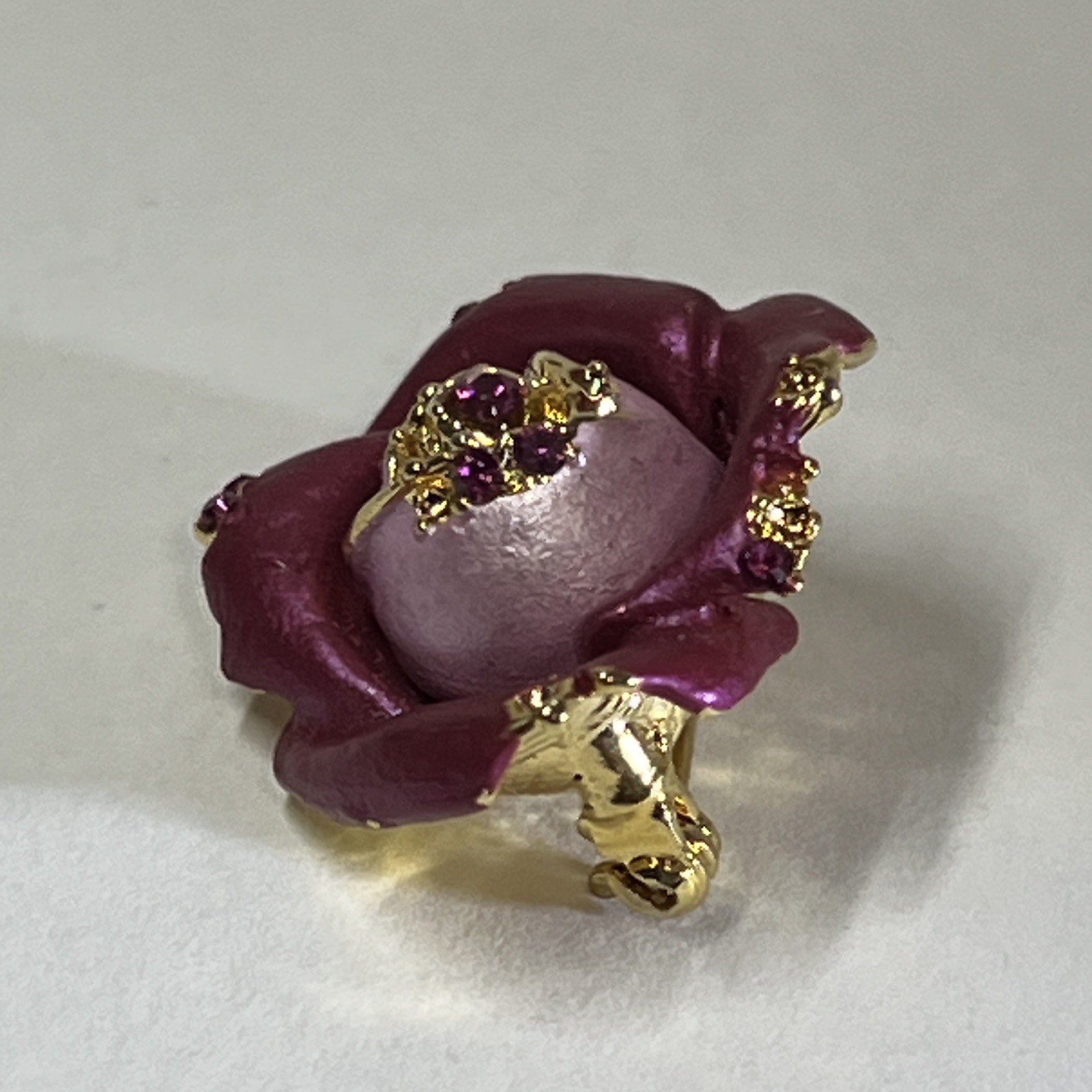 Purple Rose Flower Brooch Pin Gold Tone Metal with Pink Rhinestones 1 in