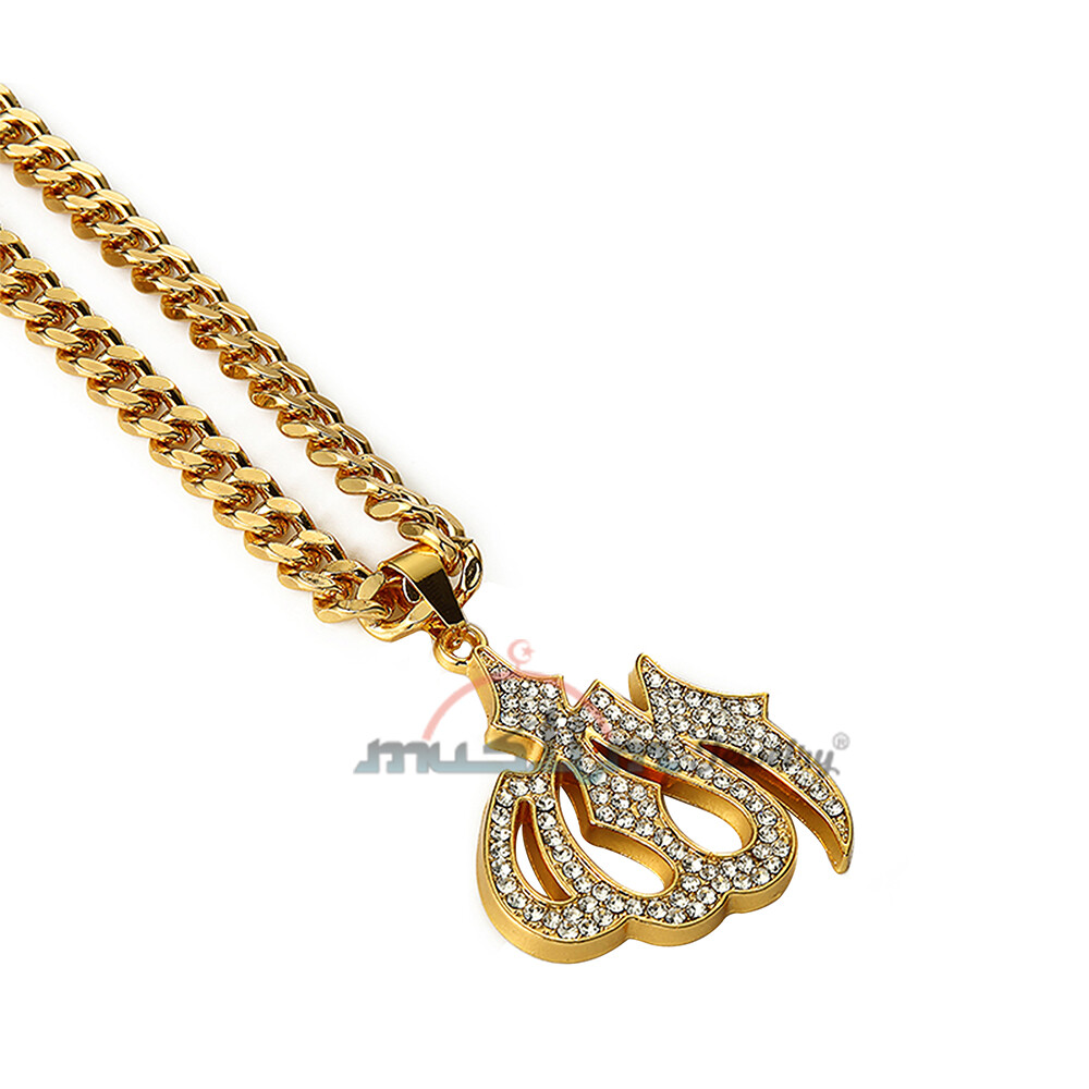 Beautiful Gold Allah Pendant With Rhinestones On Silver 30-inch Chain – Islamic