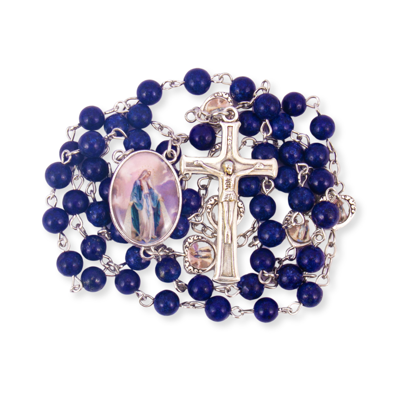 Lapis Lazuli Blue Beads Miraculous Rosary Necklace Epoxy Medal & Jesus Cross