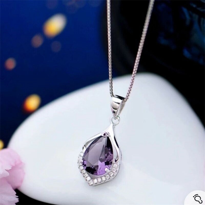 Women’s Amethyst Necklace Elegant Crystal Chain Pendant Jewellery Silver