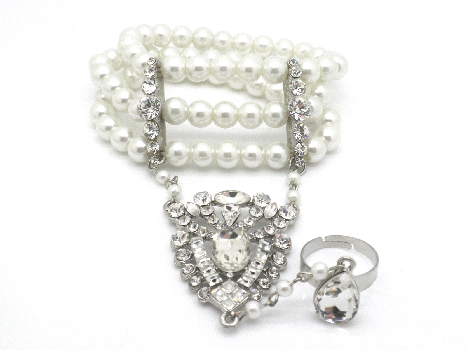 Faux Pearl Bracelet Women’s Ring Attached Silver Plated Slave Hand Chain