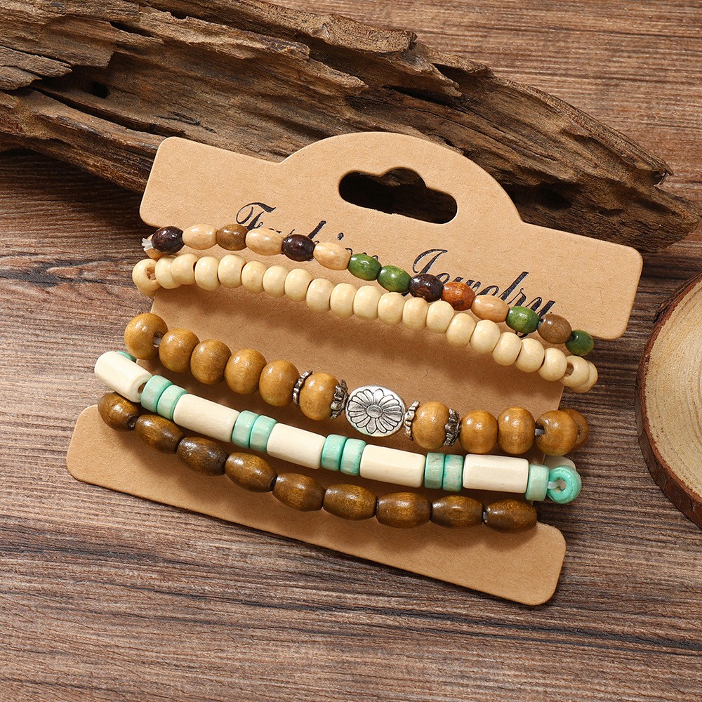 Bracelet For Men Retro Art Style Small Fresh Flower Multi-piece Set Of Wood