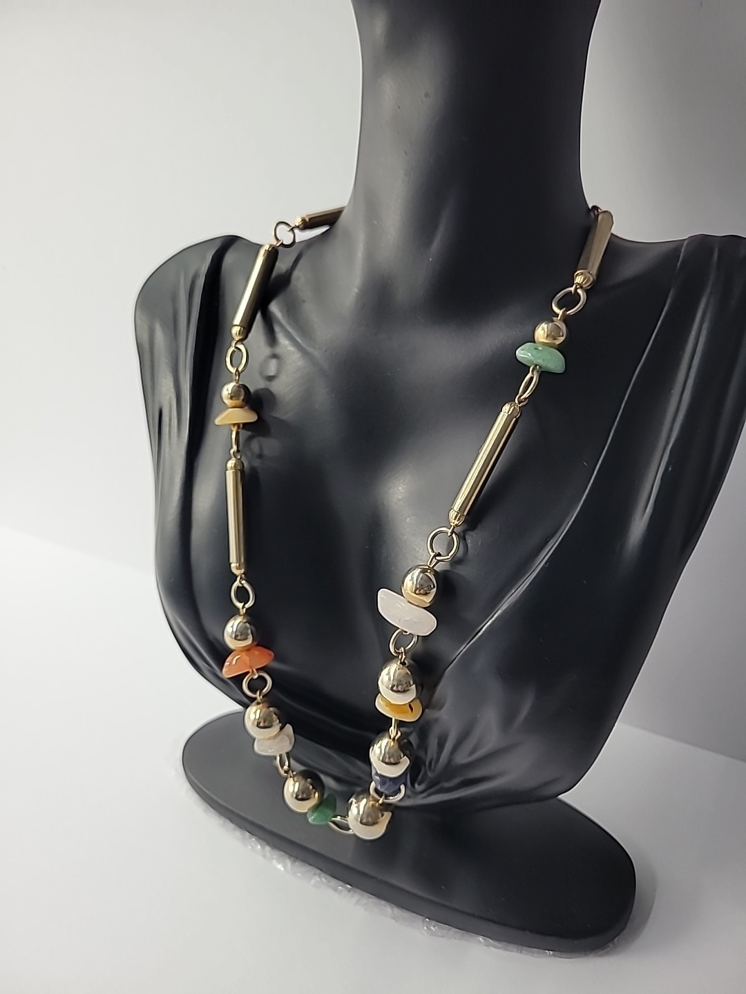 Vintage Gold Tone Beaded Necklace Mixed Stone Chips Bar Link Statement Jewelry