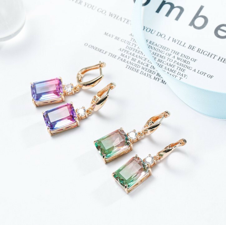 Sparking Square Cut Green Color Tourmaline Rose Gold Plated Hook Dangle Earrings
