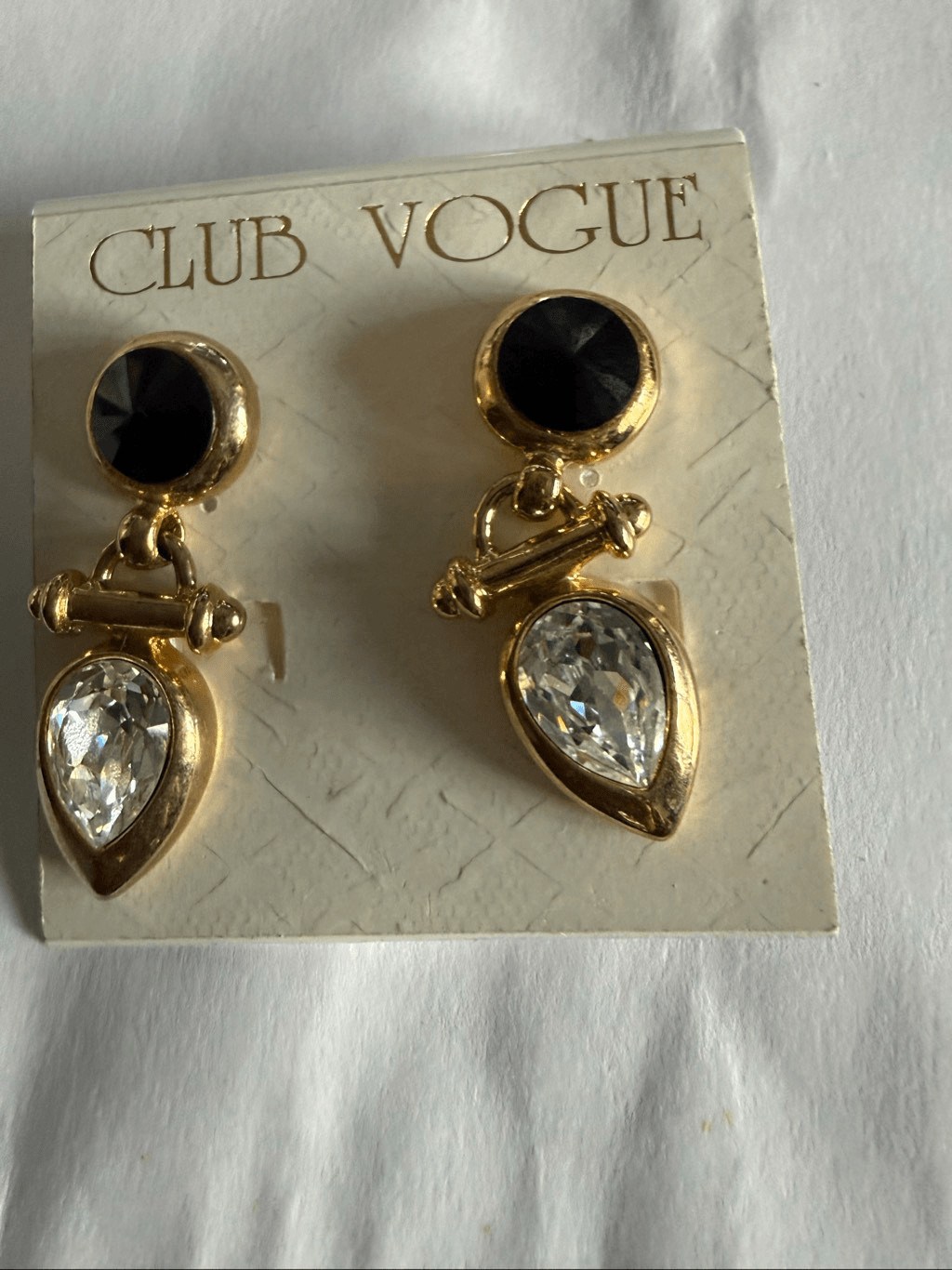 Club Vogue Women’s Gold Tone Black Onyx Pear-Shaped Crystal Drops Earrings NWT