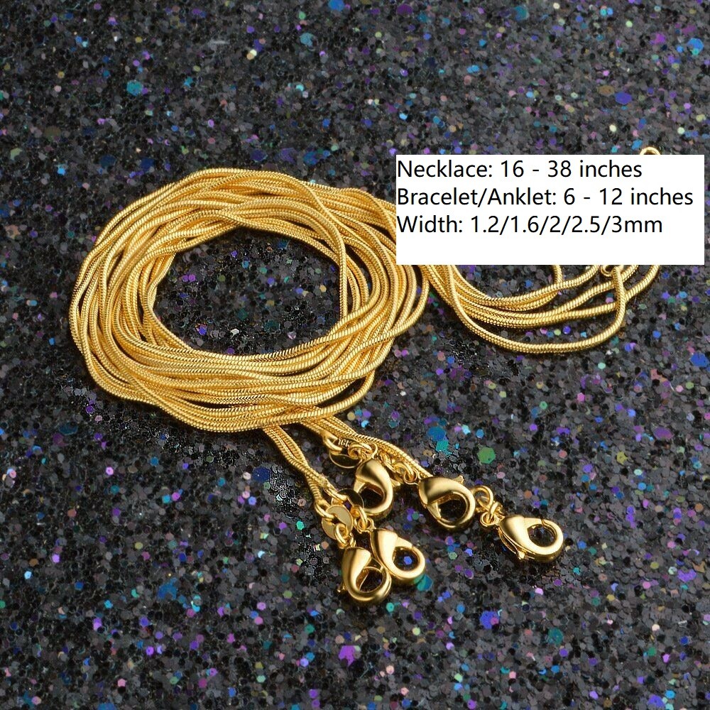 18K Yellow Gold Filled Classic Round Snake Chain Necklace 16-38″ * 1.2/1.6/2/3mm