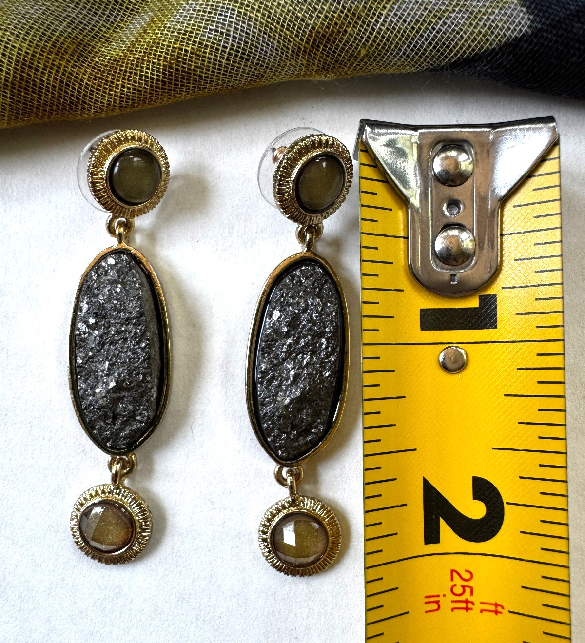 Dana Buchman Dangle Earrings – Gold-Tone, Gray Druzy, Green & Gold Stones NEW