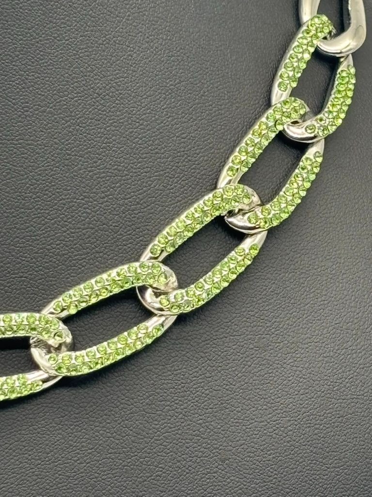 Curb Link and Green Pave Crystal Silver-Tone Collar Necklace Adjustable Unsigned
