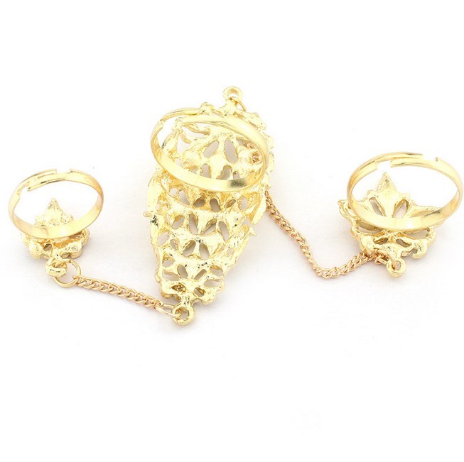 Gold Rhinestone Flower Hallow Slave Chain Link Flexible Rings Joint Fingers AK