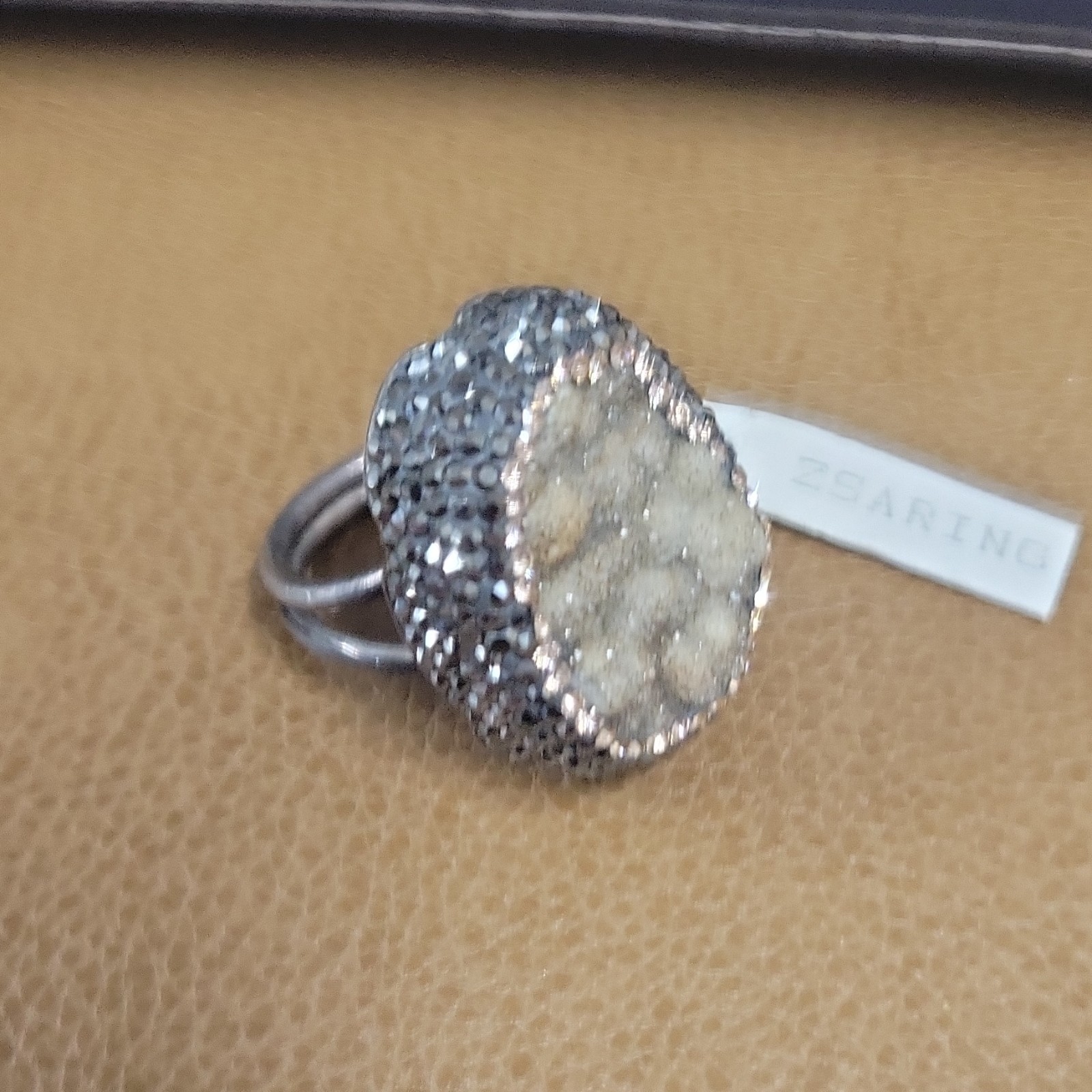 Silver Cocktail Ring Oval Drusy Quartz Beige Stone Fashion Jewelry