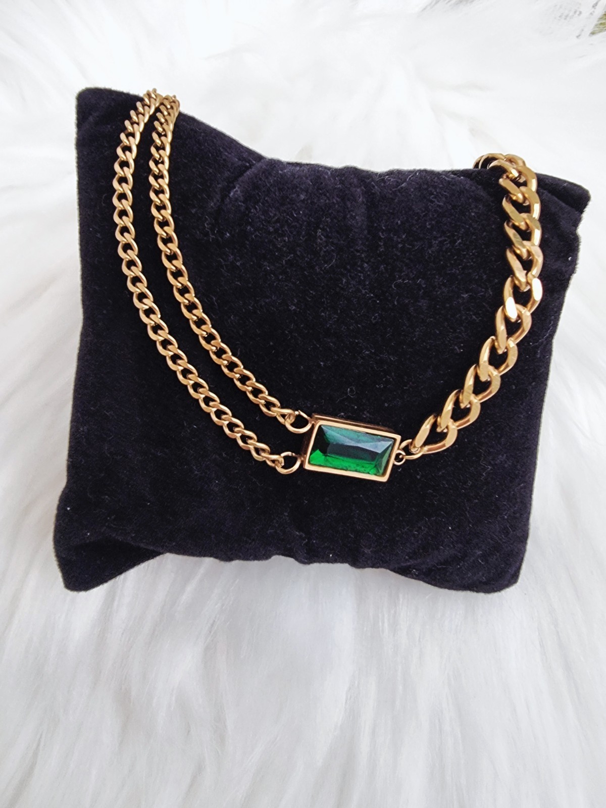 Woman’s Stainless Steel Gold Colour Green Crystal Cubin Link Bracelet 22cm Long