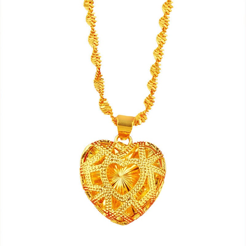 Women Hollow Heart Necklace 22k 23k 24k Thai Baht Yellow Gold Gp Necklace