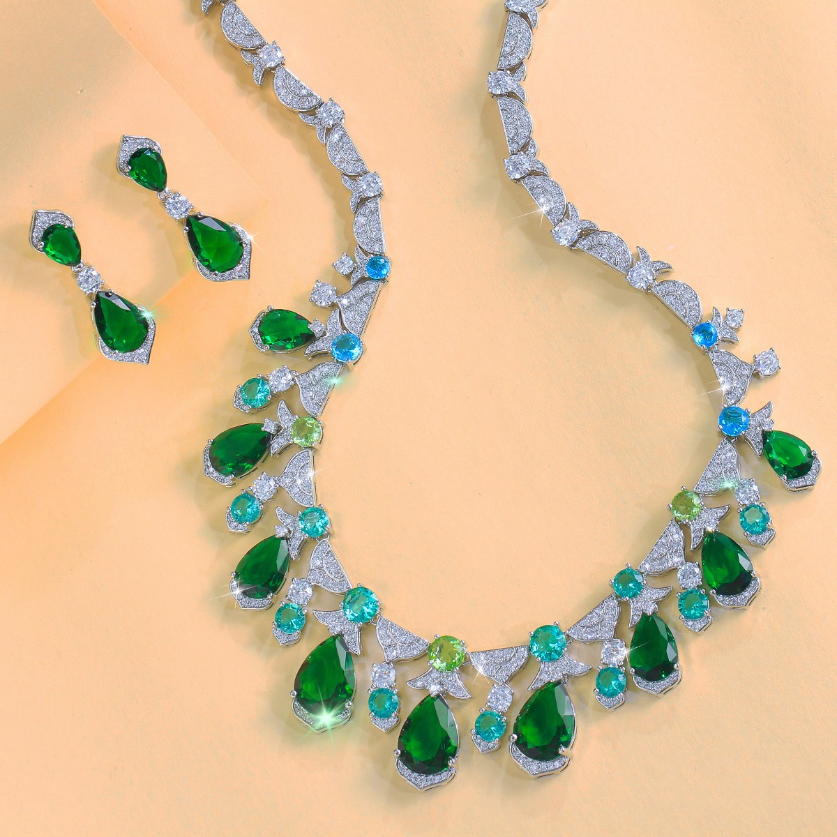 Green Teardrop Fringe Necklace Earrings Silver Plated Wedding Zircon Jewelry Set