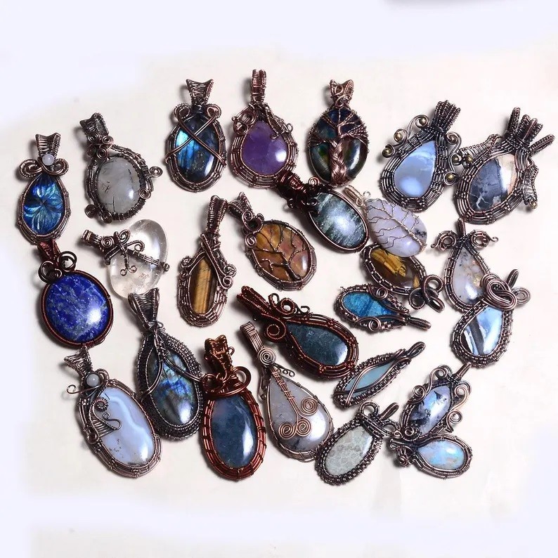 Natural Handmade Mix Gemstone Copper Wire Wrap 10 Pcs Lot Pendant Jewelry Reiki