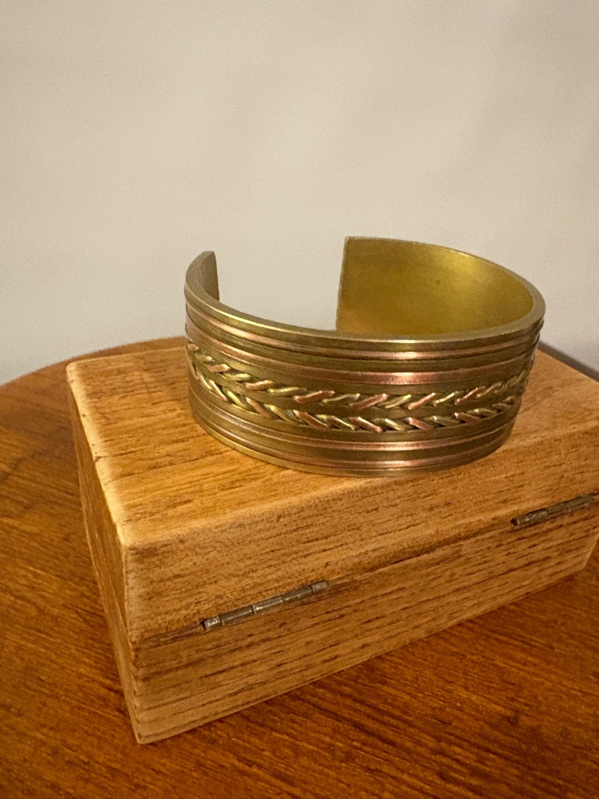 3 Vintage Chunky Slip on Bangle Bracelets Brass Pink Copper Mix