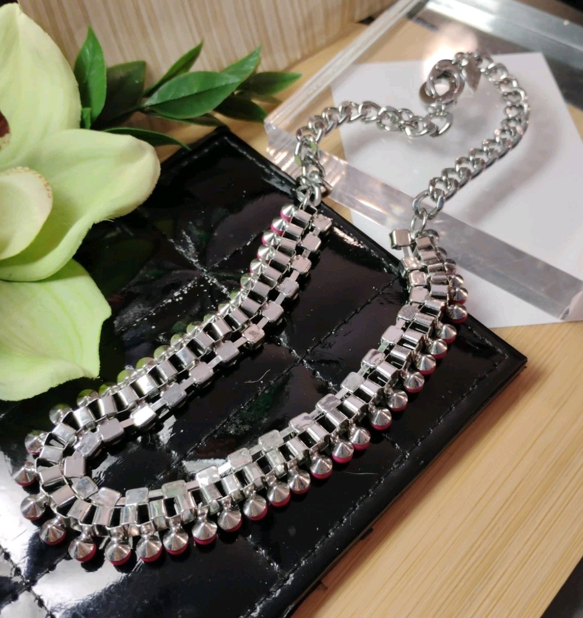 Designer ADORNABLE U Silvery Hot Pink Gem w/Crystal Rhinestones 17″ Necklace!